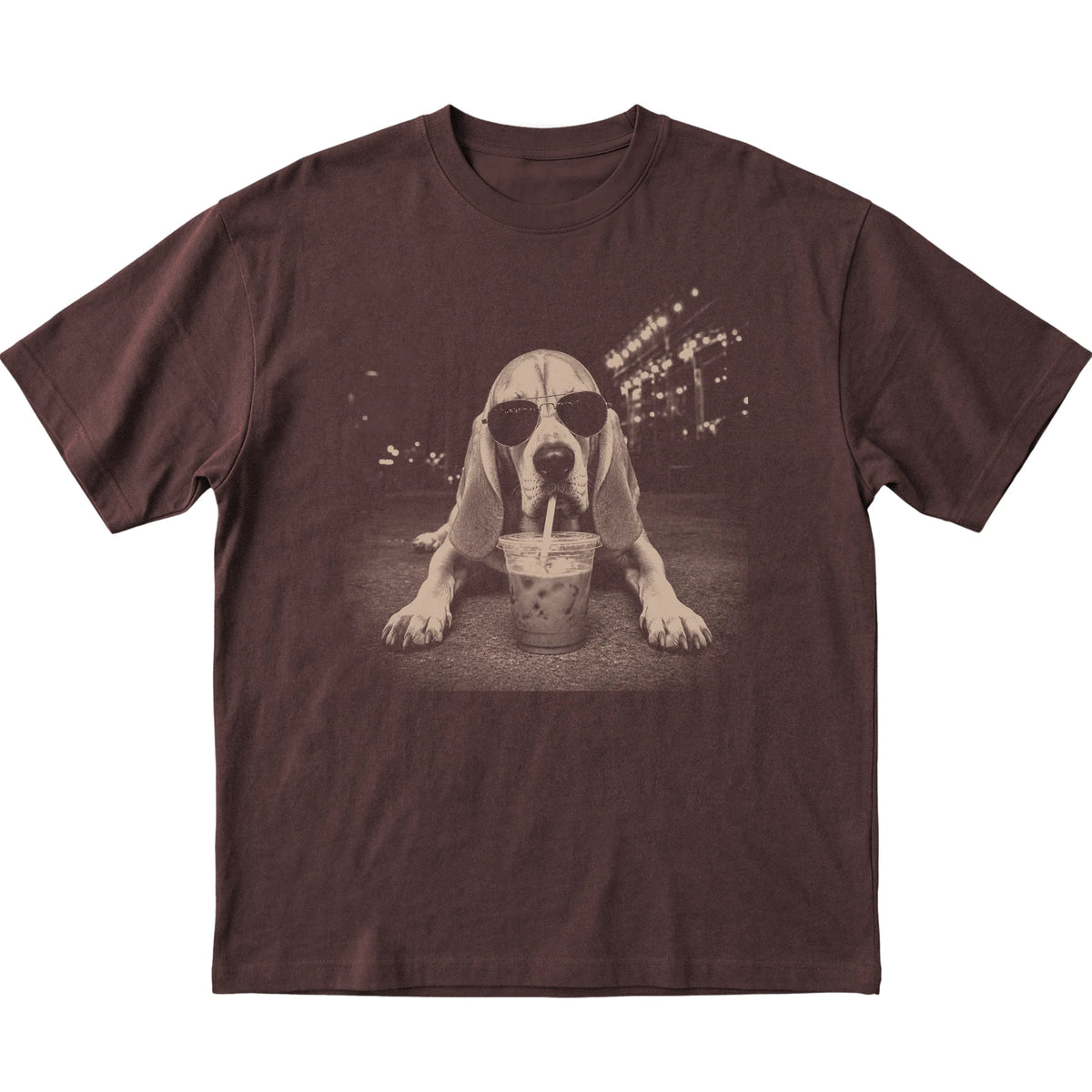 Bloodhound wearing aviator sunglasses and drinking iced coffee on a Dark Chocolate Gildan Softstyle T-Shirt, flat lay view
