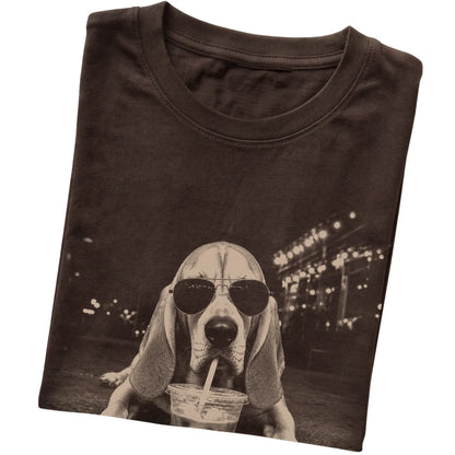 Bloodhound wearing aviator sunglasses and drinking iced coffee on a Dark Chocolate Gildan Softstyle T-Shirt, folded view