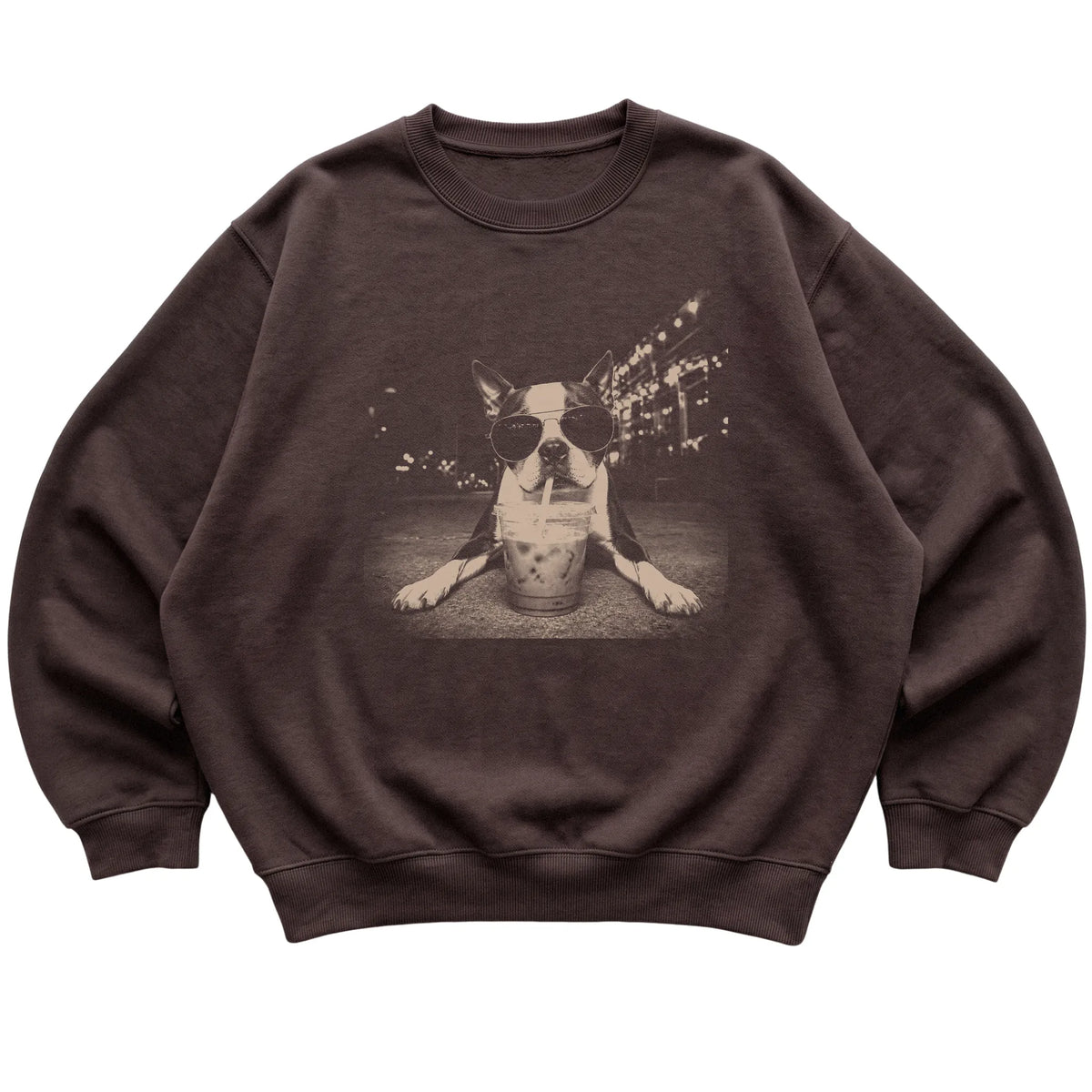 Boston Terrier wearing aviator sunglasses and drinking iced coffee on a Dark Chocolate Gildan Heavy Blend Crewneck Sweatshirt, flat lay view