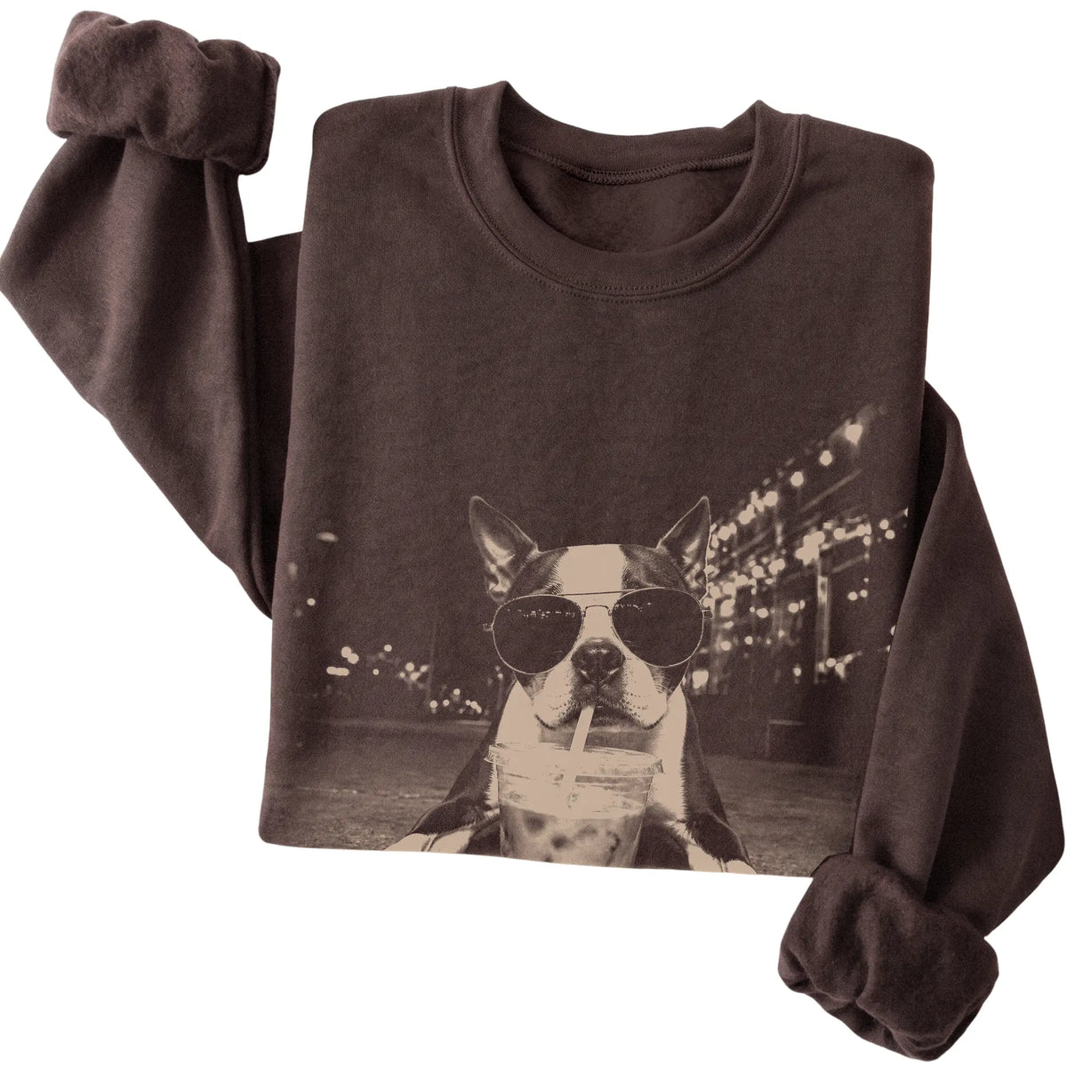 Boston Terrier wearing aviator sunglasses and drinking iced coffee on a Dark Chocolate Gildan Heavy Blend Crewneck Sweatshirt, folded view
