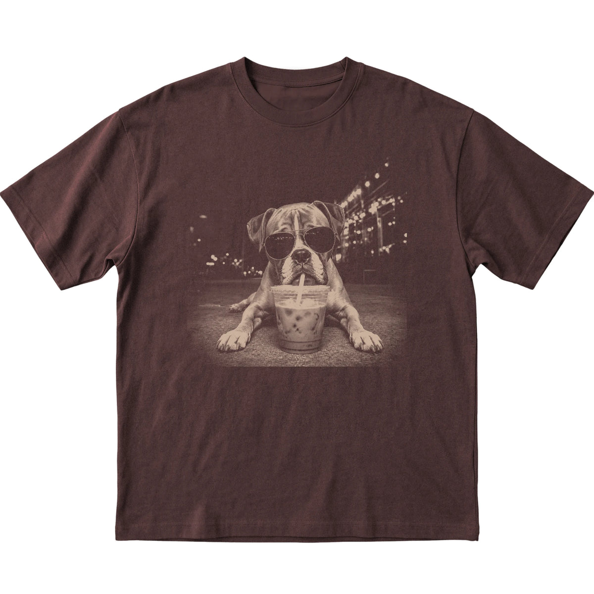 Boxer wearing aviator sunglasses and drinking iced coffee on a Dark Chocolate Gildan Softstyle T-Shirt, flat lay view