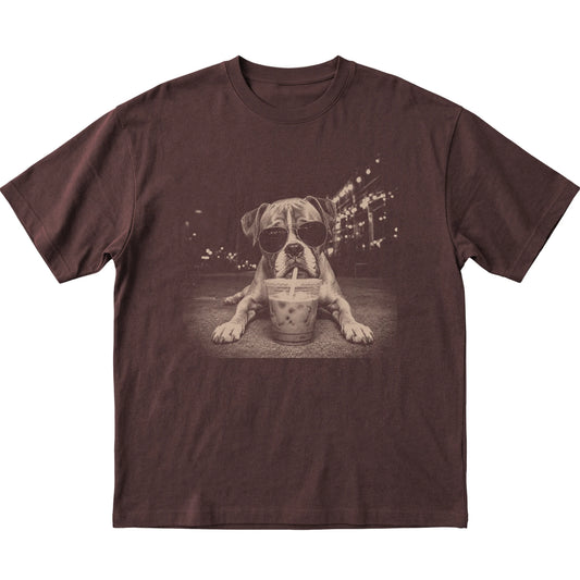 Boxer wearing aviator sunglasses and drinking iced coffee on a Dark Chocolate Gildan Softstyle T-Shirt, flat lay view