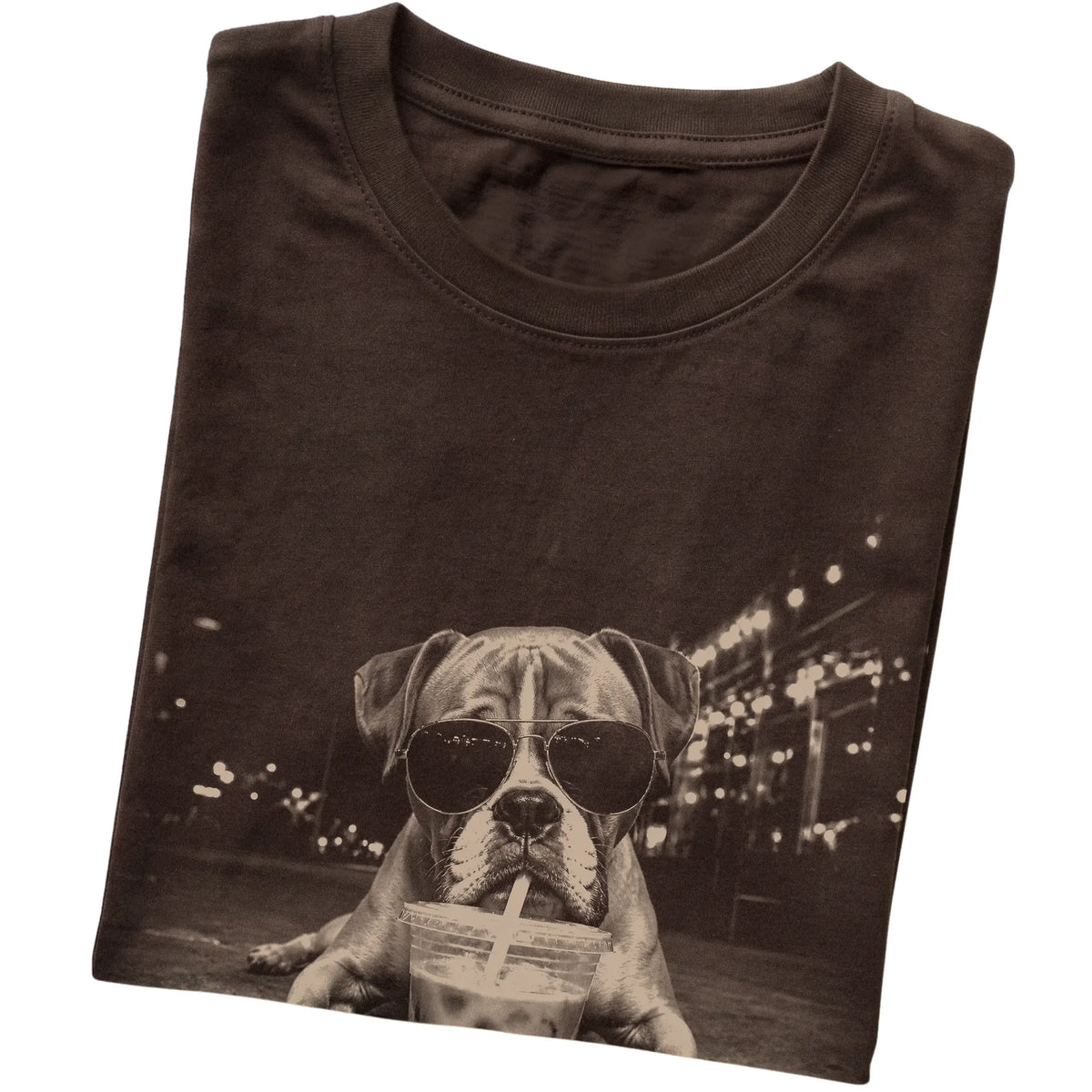 Boxer wearing aviator sunglasses and drinking iced coffee on a Dark Chocolate Gildan Softstyle T-Shirt, folded view