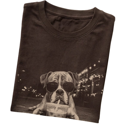 Boxer wearing aviator sunglasses and drinking iced coffee on a Dark Chocolate Gildan Softstyle T-Shirt, folded view