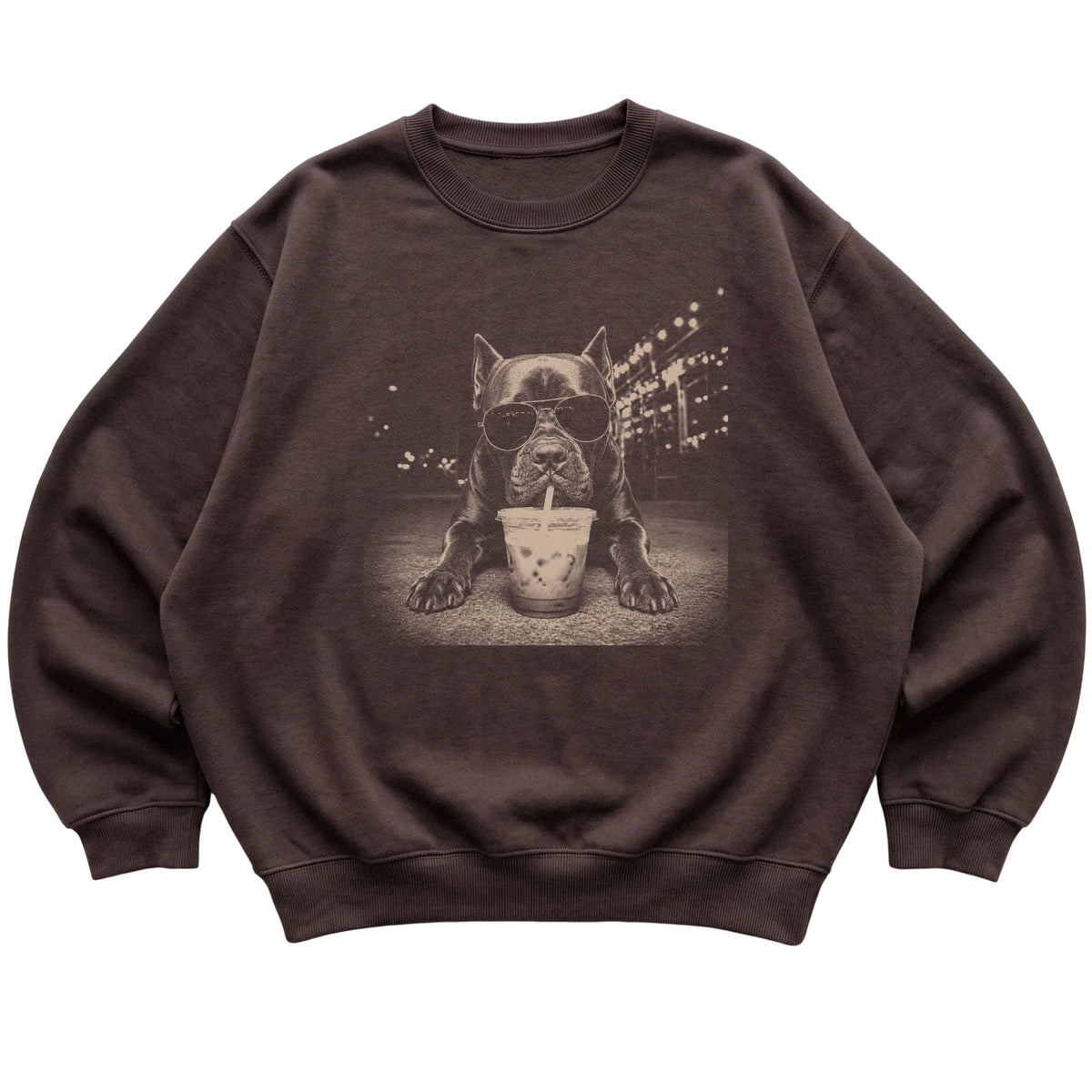 Cane Corso wearing aviator sunglasses and drinking iced coffee on a Dark Chocolate Gildan Heavy Blend Crewneck Sweatshirt, flat lay view