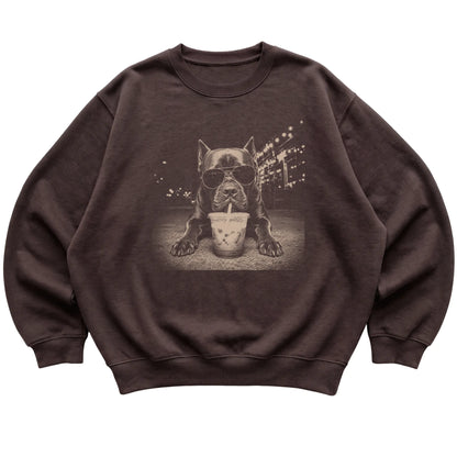 Cane Corso wearing aviator sunglasses and drinking iced coffee on a Dark Chocolate Gildan Heavy Blend Crewneck Sweatshirt, flat lay view