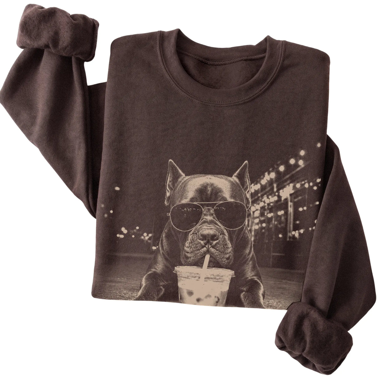 Cane Corso wearing aviator sunglasses and drinking iced coffee on a Dark Chocolate Gildan Heavy Blend Crewneck Sweatshirt, folded view