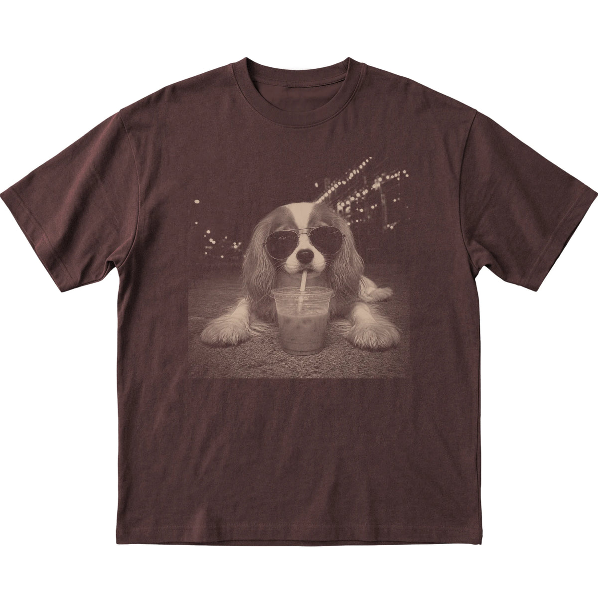 Cavalier King Charles Spaniel wearing aviator sunglasses and drinking iced coffee on a Dark Chocolate Gildan Softstyle T-Shirt, flat lay view