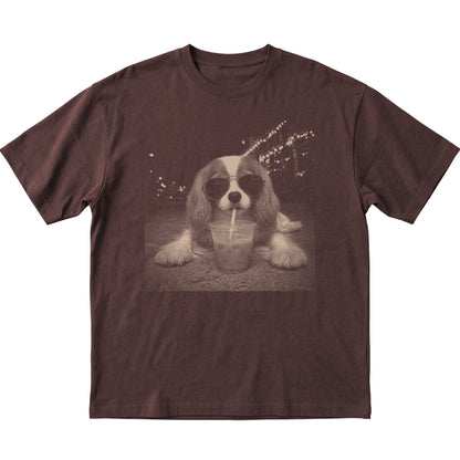 Cavalier King Charles Spaniel wearing aviator sunglasses and drinking iced coffee on a Dark Chocolate Gildan Softstyle T-Shirt, flat lay view