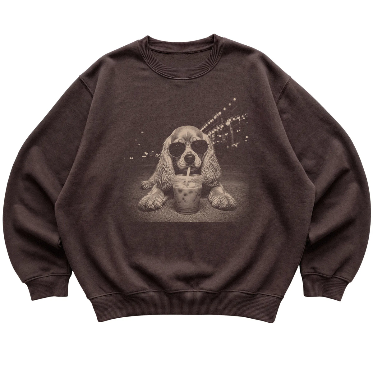 Cocker Spaniel wearing aviator sunglasses and drinking iced coffee on a Dark Chocolate Gildan Heavy Blend Crewneck Sweatshirt, flat lay view