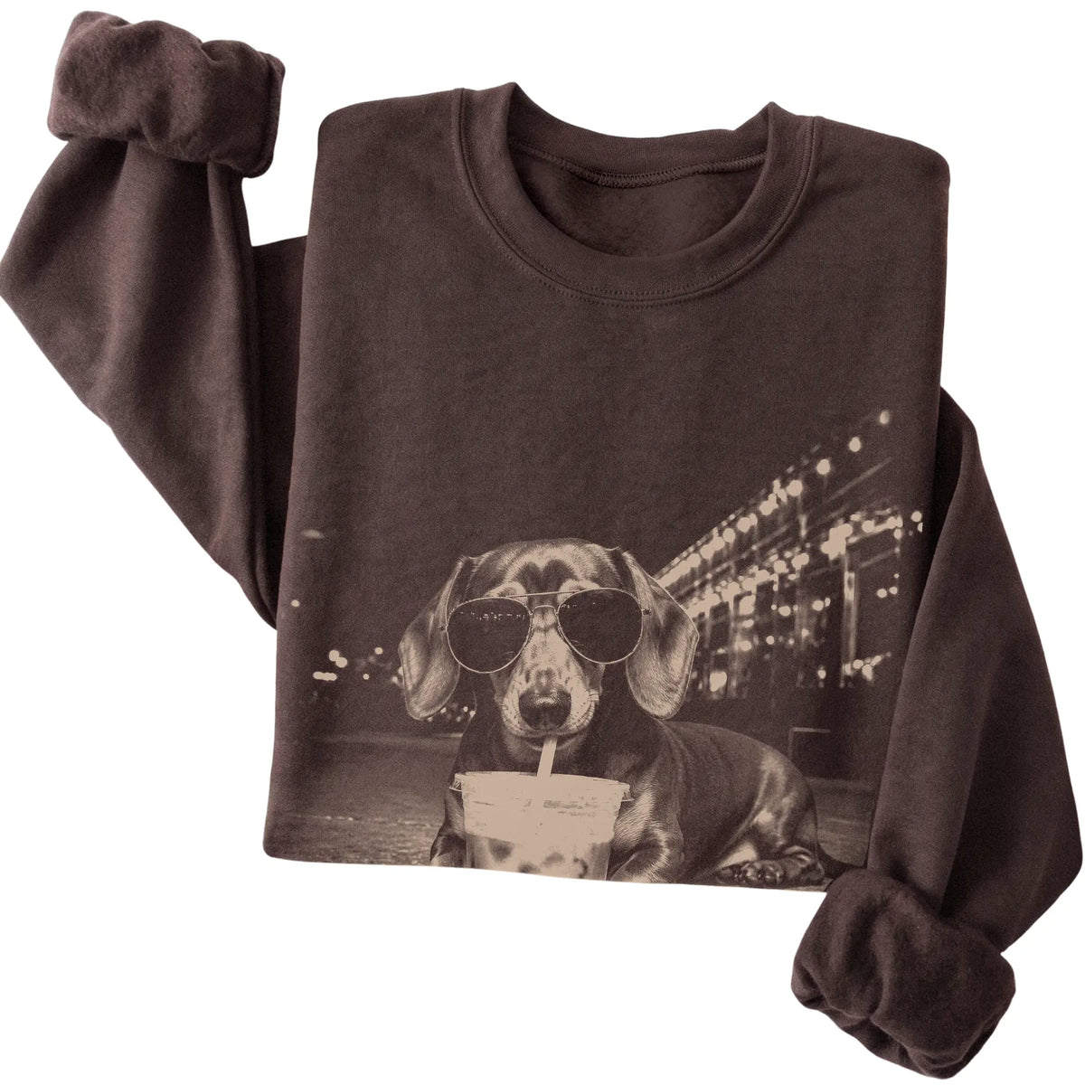 Dachshund wearing aviator sunglasses and drinking iced coffee on a Dark Chocolate Gildan Heavy Blend Crewneck Sweatshirt, folded view