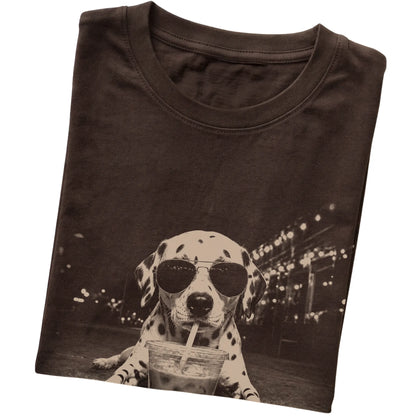 Dalmatian wearing aviator sunglasses and drinking iced coffee on a Dark Chocolate Gildan Softstyle T-Shirt, folded view