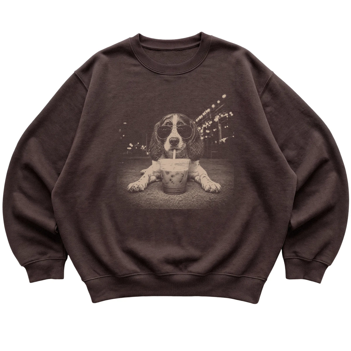 English Springer Spaniel wearing aviator sunglasses and drinking iced coffee on a Dark Chocolate Gildan Heavy Blend Crewneck Sweatshirt, flat lay view