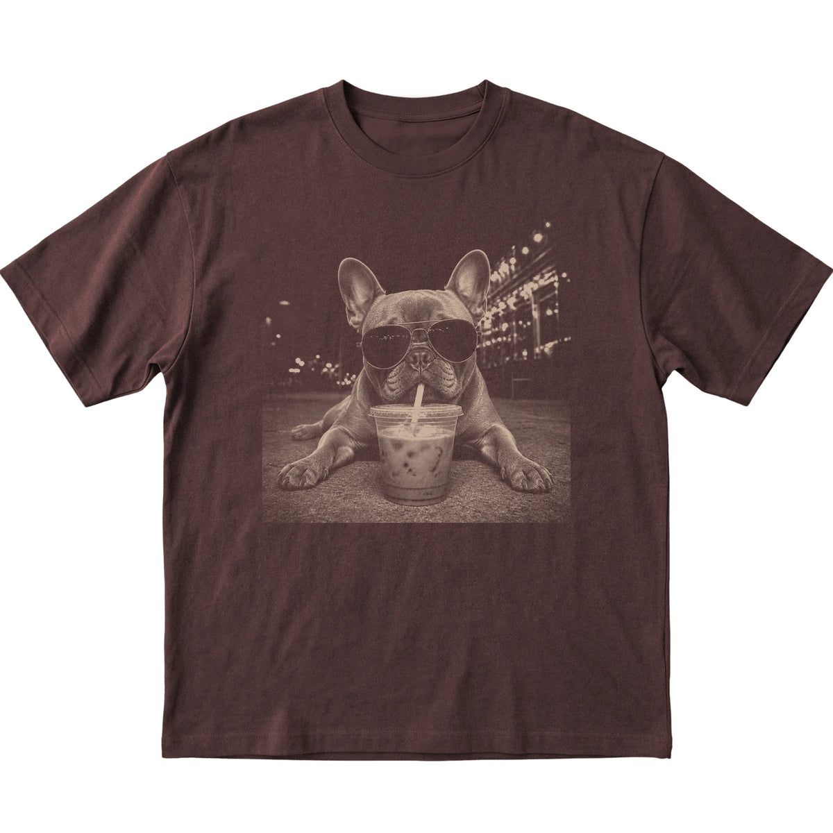 French Bulldog wearing aviator sunglasses and drinking iced coffee on a Dark Chocolate Gildan Softstyle T-Shirt, flat lay view