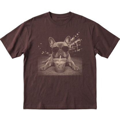 French Bulldog wearing aviator sunglasses and drinking iced coffee on a Dark Chocolate Gildan Softstyle T-Shirt, flat lay view