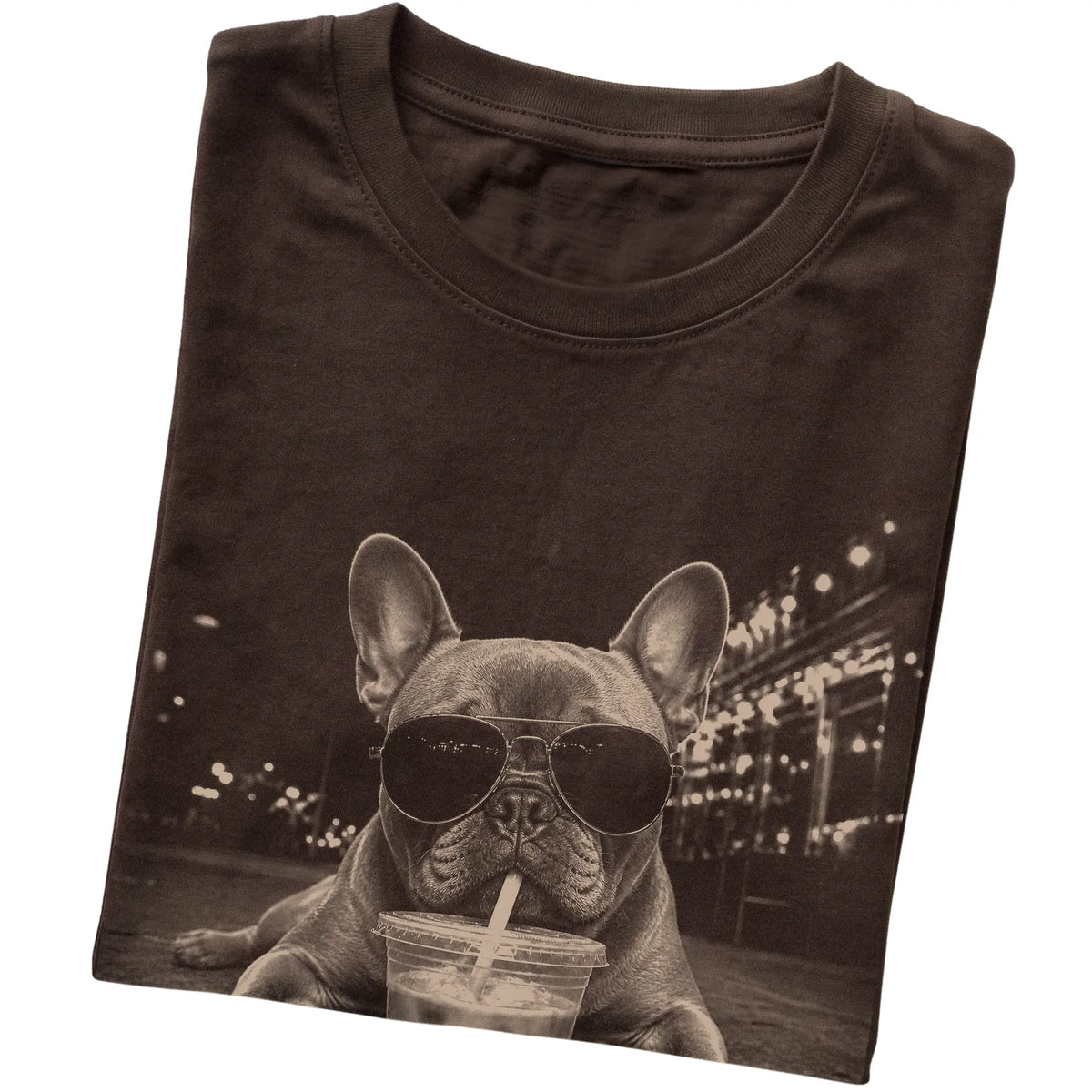 French Bulldog wearing aviator sunglasses and drinking iced coffee on a Dark Chocolate Gildan Softstyle T-Shirt, folded view
