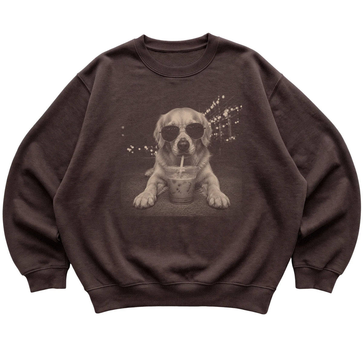 Golden Retriever wearing aviator sunglasses and drinking iced coffee on a Dark Chocolate Gildan Heavy Blend Crewneck Sweatshirt, flat lay view