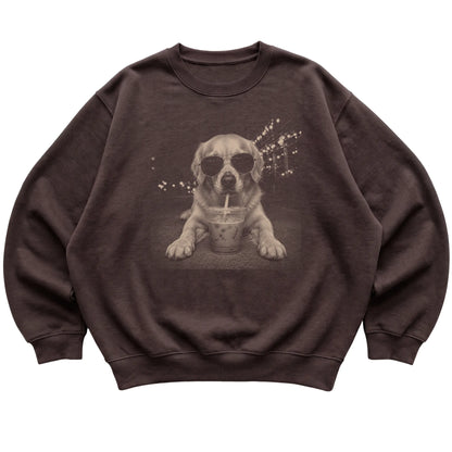 Golden Retriever wearing aviator sunglasses and drinking iced coffee on a Dark Chocolate Gildan Heavy Blend Crewneck Sweatshirt, flat lay view