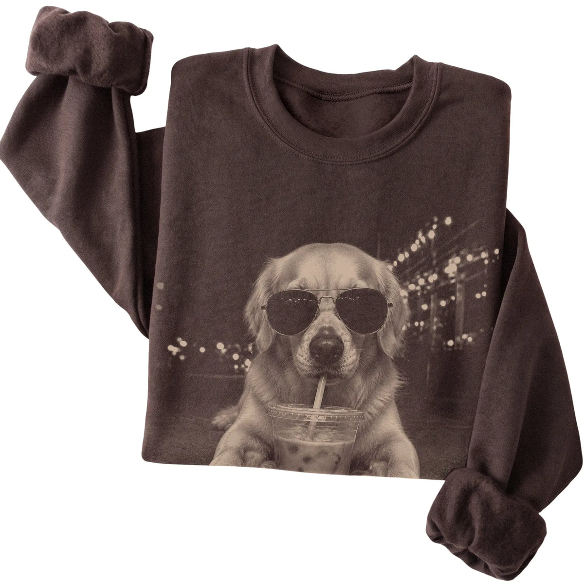 Golden Retriever wearing aviator sunglasses and drinking iced coffee on a Dark Chocolate Gildan Heavy Blend Crewneck Sweatshirt, folded view