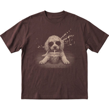 Goldendoodle wearing aviator sunglasses and drinking iced coffee on a Dark Chocolate Gildan Softstyle T-Shirt, flat lay view