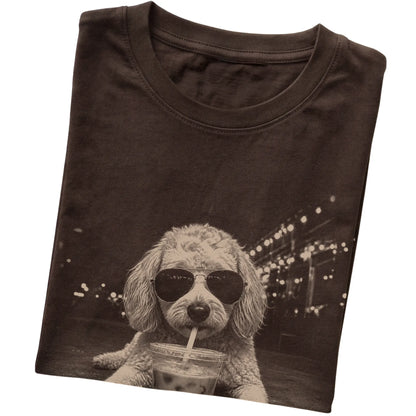 Goldendoodle wearing aviator sunglasses and drinking iced coffee on a Dark Chocolate Gildan Softstyle T-Shirt, folded view