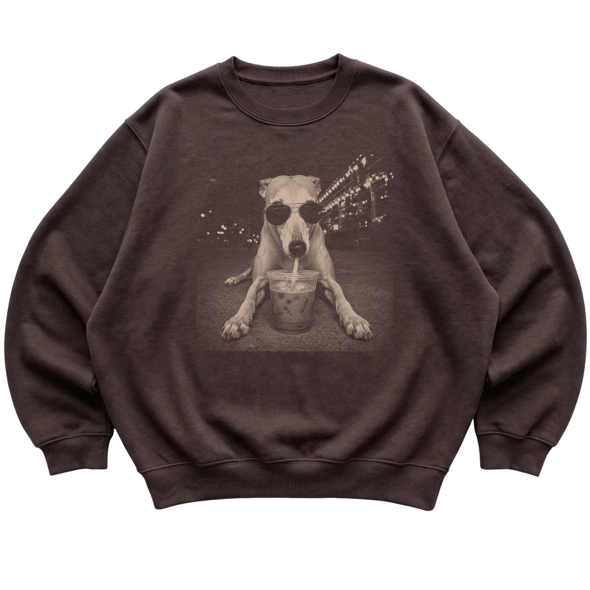 Greyhound wearing aviator sunglasses and drinking iced coffee on a Dark Chocolate Gildan Heavy Blend Crewneck Sweatshirt, flat lay view