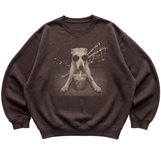 Greyhound wearing aviator sunglasses and drinking iced coffee on a Dark Chocolate Gildan Heavy Blend Crewneck Sweatshirt, flat lay view