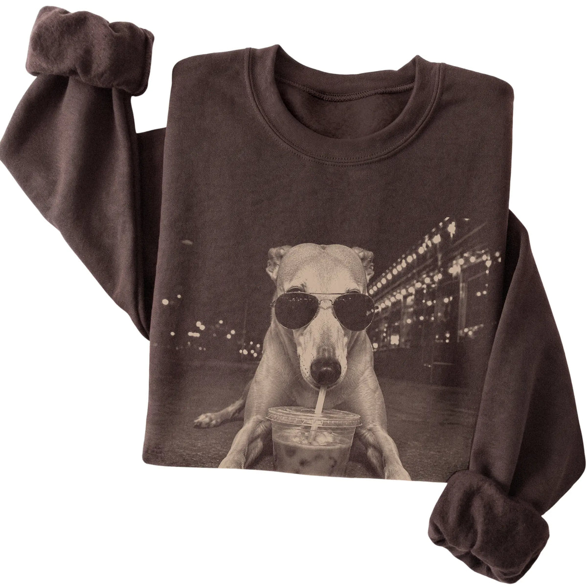 Greyhound wearing aviator sunglasses and drinking iced coffee on a Dark Chocolate Gildan Heavy Blend Crewneck Sweatshirt, folded view