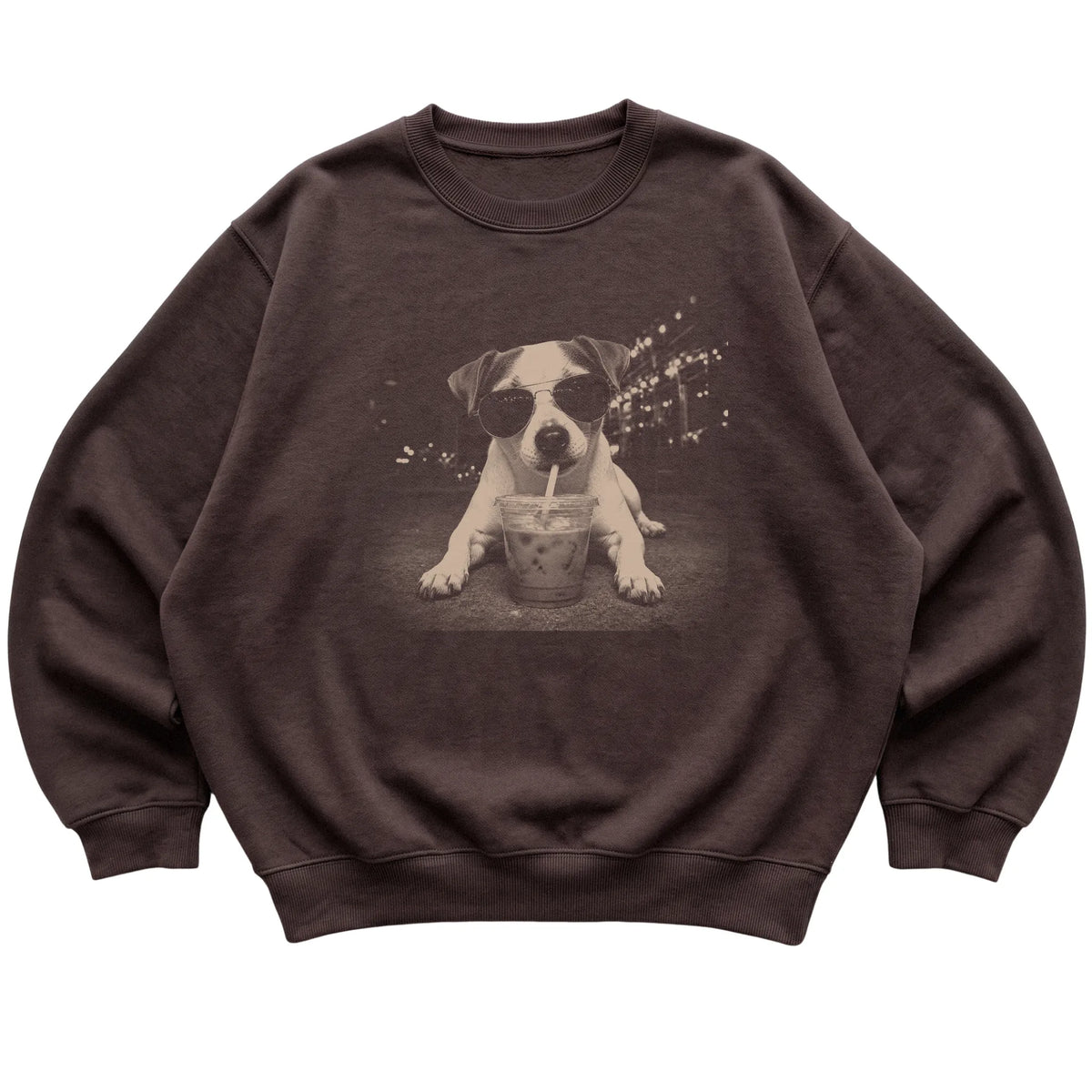Jack Russell wearing aviator sunglasses and drinking iced coffee on a Dark Chocolate Gildan Heavy Blend Crewneck Sweatshirt, flat lay view