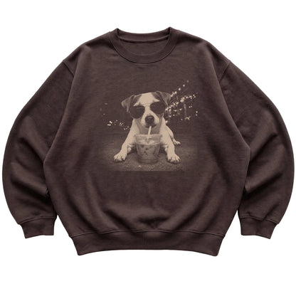 Jack Russell wearing aviator sunglasses and drinking iced coffee on a Dark Chocolate Gildan Heavy Blend Crewneck Sweatshirt, flat lay view