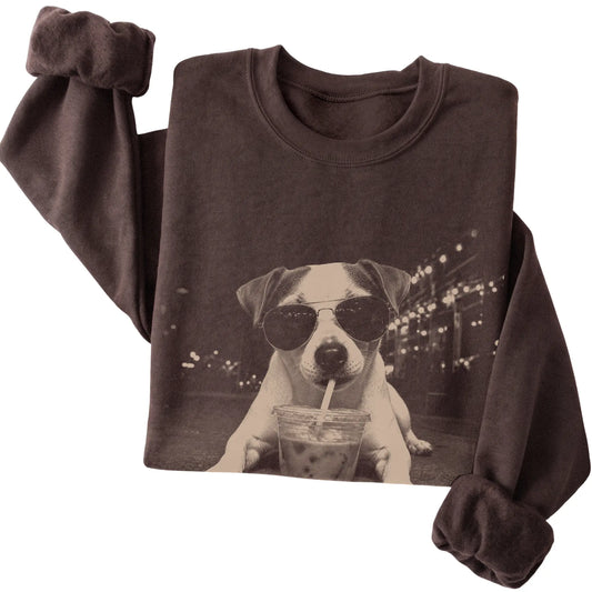 Jack Russell wearing aviator sunglasses and drinking iced coffee on a Dark Chocolate Gildan Heavy Blend Crewneck Sweatshirt, folded view