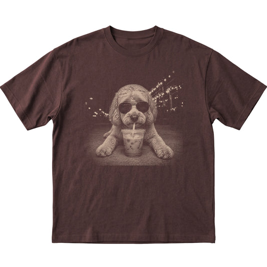 Labradoodle wearing aviator sunglasses and drinking iced coffee on a Dark Chocolate Gildan Softstyle T-Shirt, flat lay view