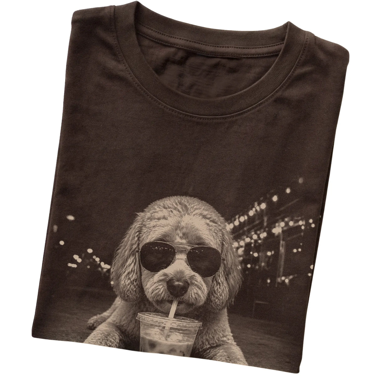 Labradoodle wearing aviator sunglasses and drinking iced coffee on a Dark Chocolate Gildan Softstyle T-Shirt, folded view