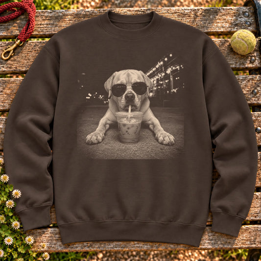 Labrador Retriever Iced Coffee design on a Dark Chocolate crewneck sweatshirt shown flat
