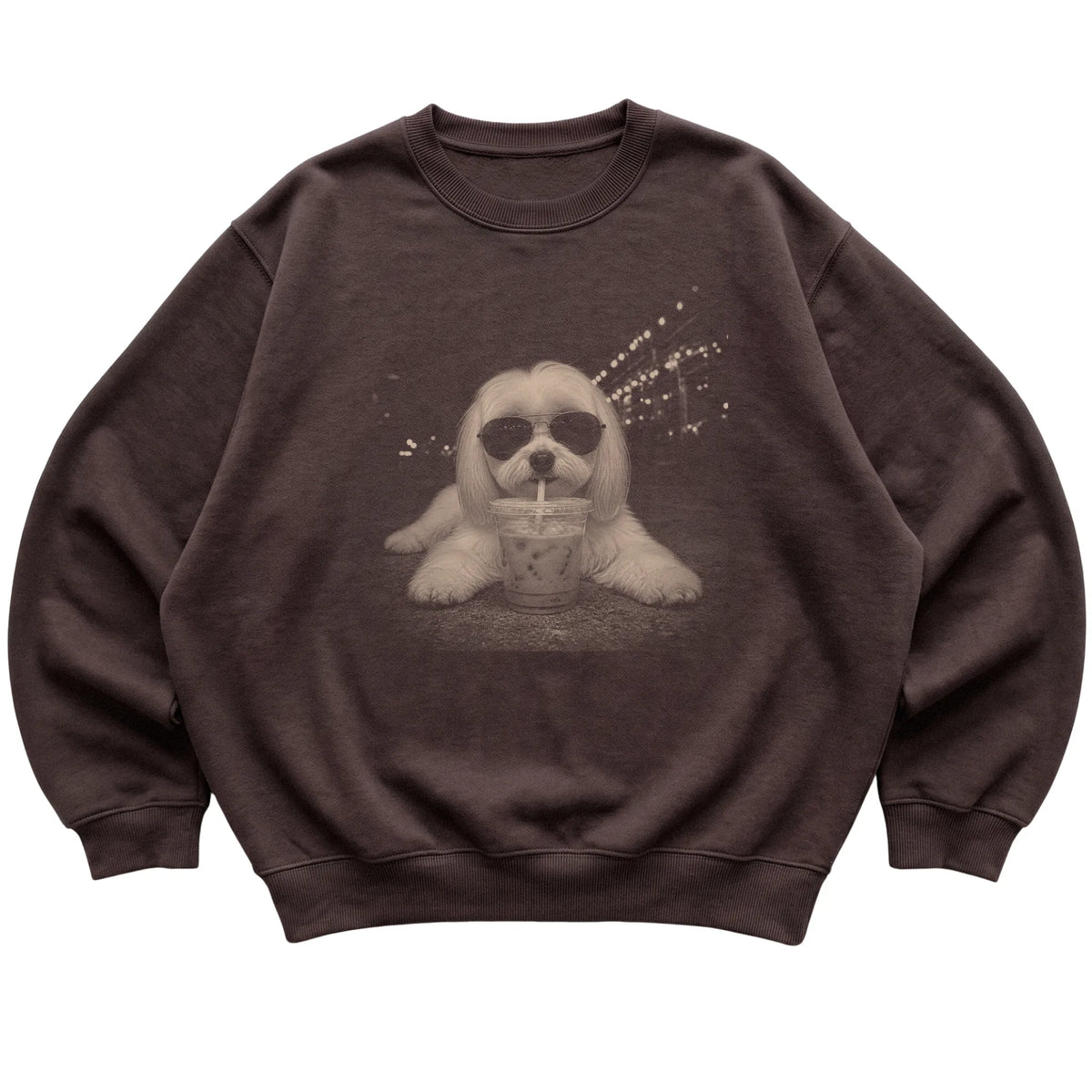 Maltese wearing aviator sunglasses and drinking iced coffee on a Dark Chocolate Gildan Heavy Blend Crewneck Sweatshirt, flat lay view