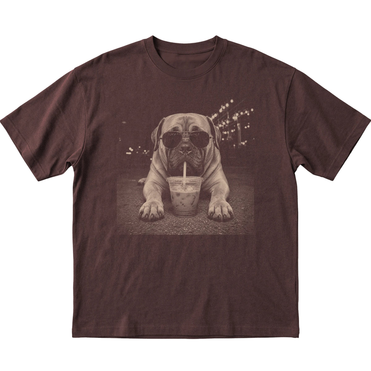 Mastiff wearing aviator sunglasses and drinking iced coffee on a Dark Chocolate Gildan Softstyle T-Shirt, flat lay view