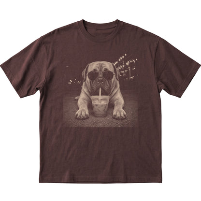 Mastiff wearing aviator sunglasses and drinking iced coffee on a Dark Chocolate Gildan Softstyle T-Shirt, flat lay view
