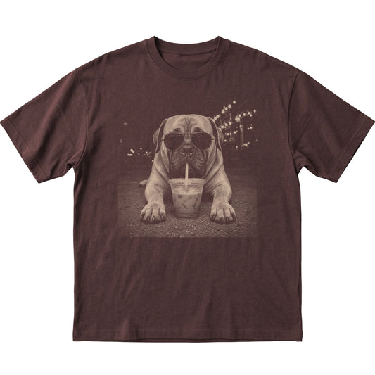 Mastiff wearing aviator sunglasses and drinking iced coffee on a Dark Chocolate Gildan Softstyle T-Shirt, flat lay view