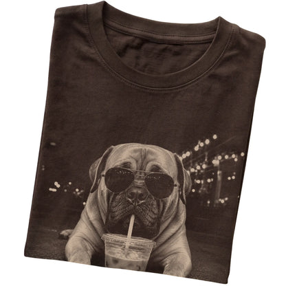 Mastiff wearing aviator sunglasses and drinking iced coffee on a Dark Chocolate Gildan Softstyle T-Shirt, folded view