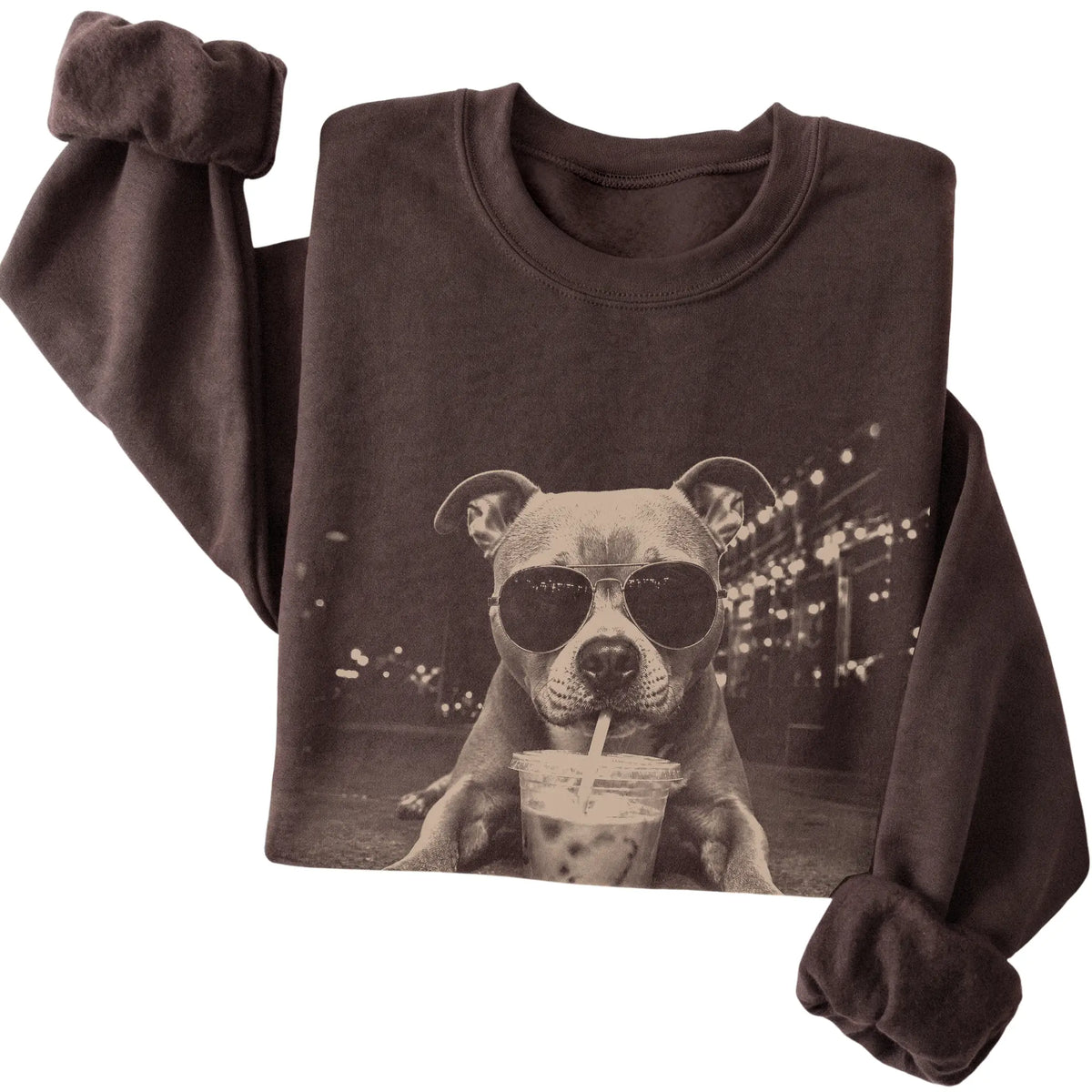 Pitbull wearing aviator sunglasses and drinking iced coffee on a Dark Chocolate Gildan Heavy Blend Crewneck Sweatshirt, folded view