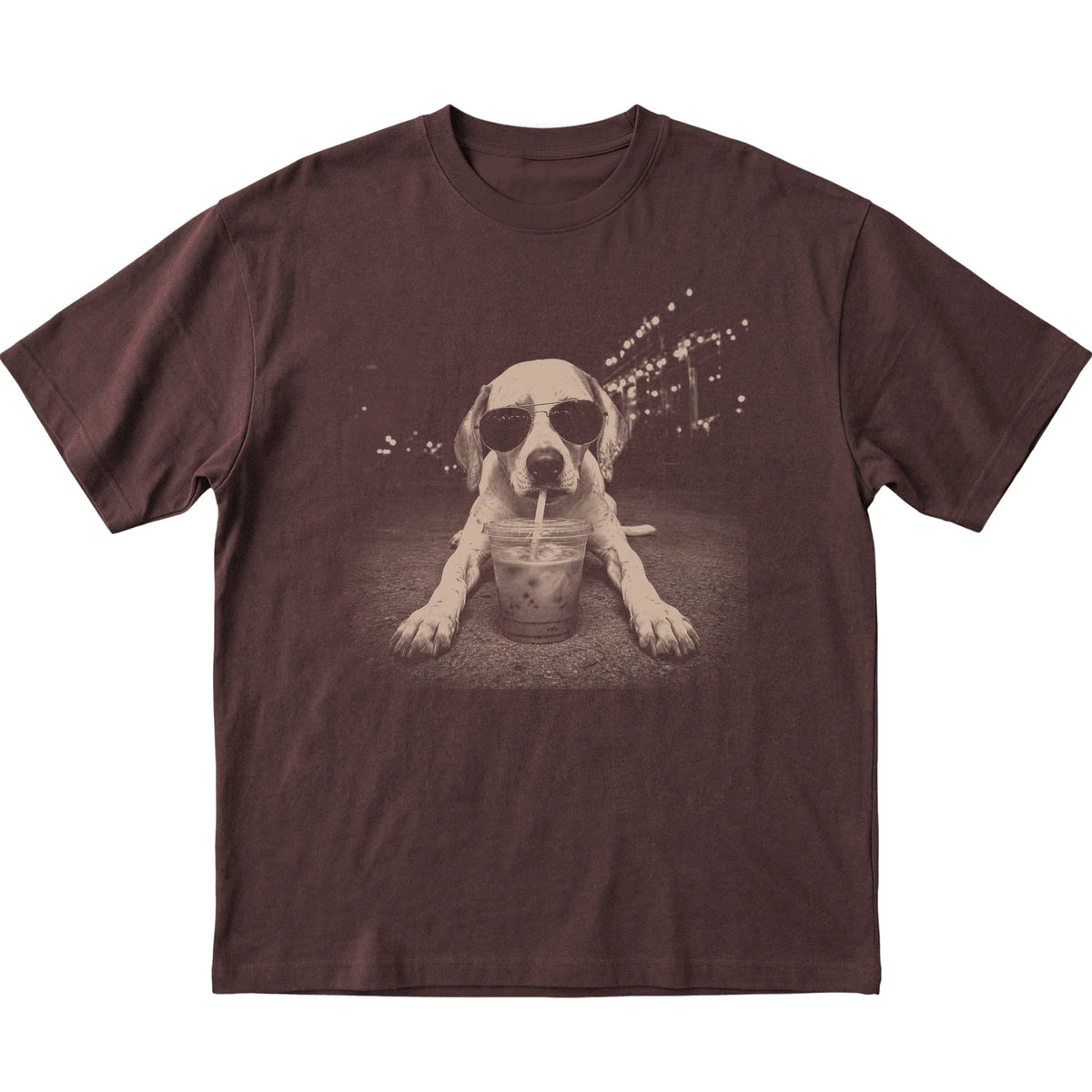 Pointer wearing aviator sunglasses and drinking iced coffee on a Dark Chocolate Gildan Softstyle T-Shirt, flat lay view