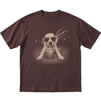 Pointer wearing aviator sunglasses and drinking iced coffee on a Dark Chocolate Gildan Softstyle T-Shirt, flat lay view