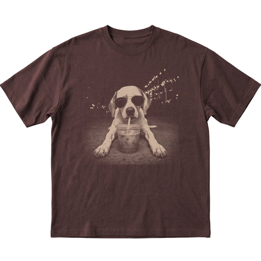 Pointer wearing aviator sunglasses and drinking iced coffee on a Dark Chocolate Gildan Softstyle T-Shirt, flat lay view