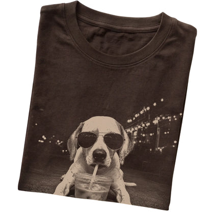 Pointer wearing aviator sunglasses and drinking iced coffee on a Dark Chocolate Gildan Softstyle T-Shirt, folded view