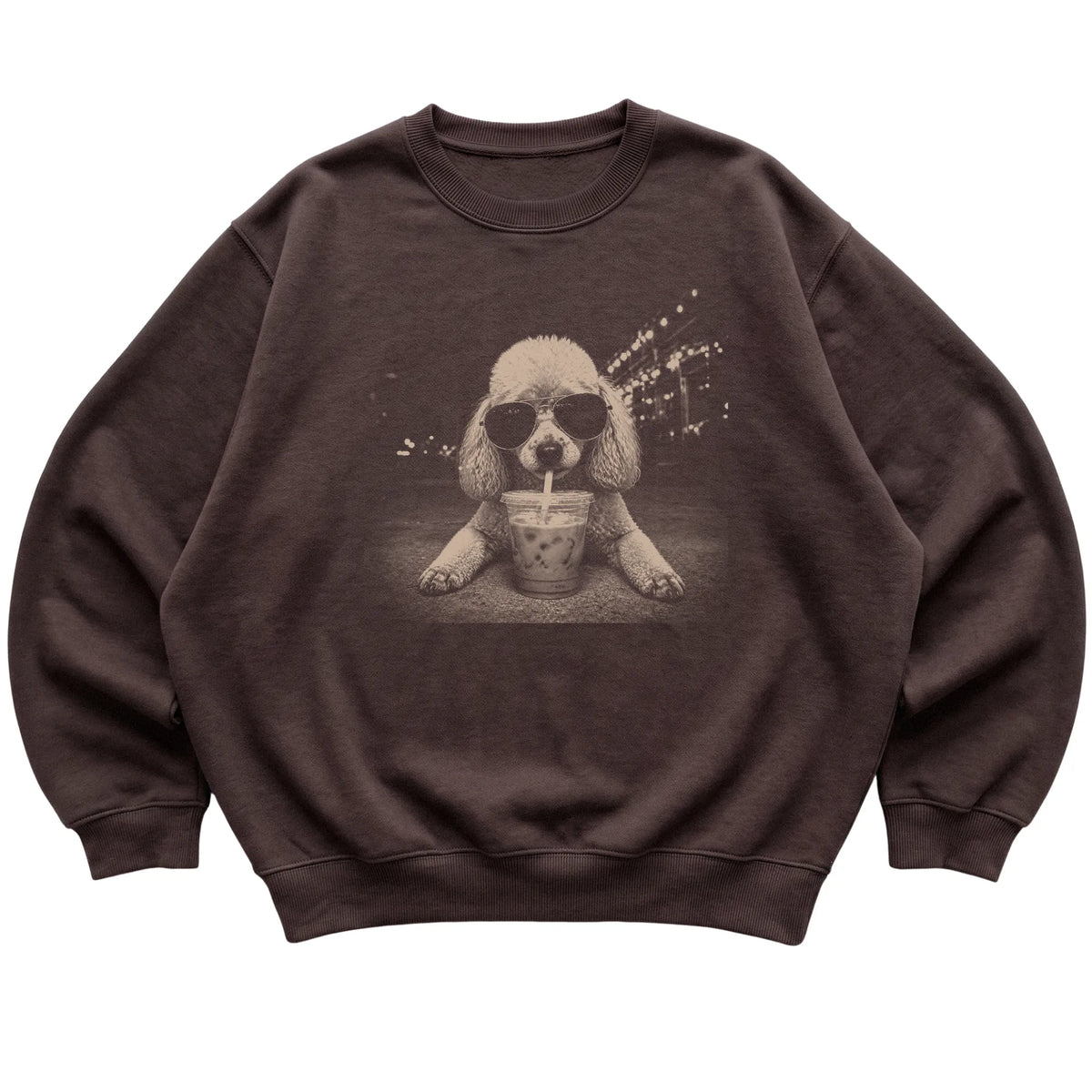 Poodle wearing aviator sunglasses and drinking iced coffee on a Dark Chocolate Gildan Heavy Blend Crewneck Sweatshirt, flat lay view