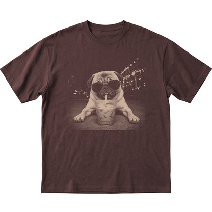Pug wearing aviator sunglasses and drinking iced coffee on a Dark Chocolate Gildan Softstyle T-Shirt, flat lay view