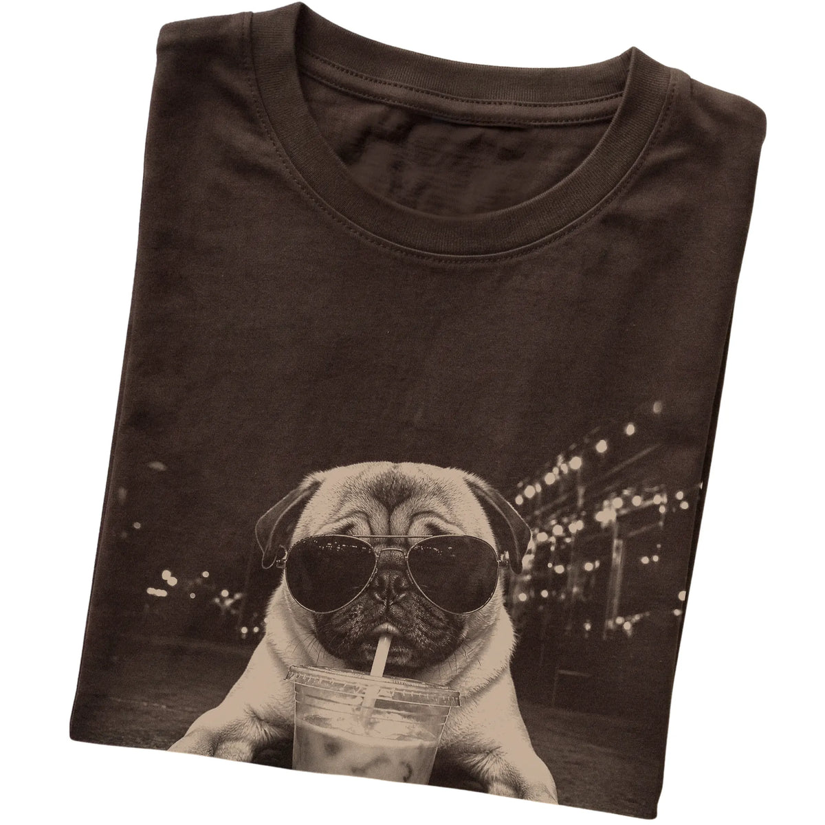 Pug wearing aviator sunglasses and drinking iced coffee on a Dark Chocolate Gildan Softstyle T-Shirt, folded view