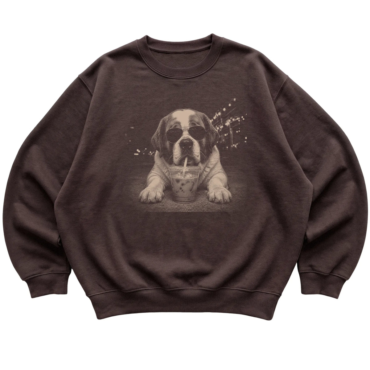 Saint Bernard wearing aviator sunglasses and drinking iced coffee on a Dark Chocolate Gildan Heavy Blend Crewneck Sweatshirt, flat lay view