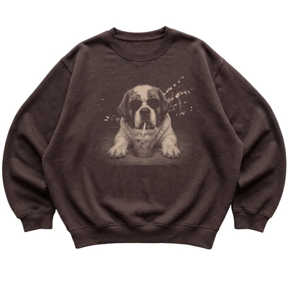 Saint Bernard wearing aviator sunglasses and drinking iced coffee on a Dark Chocolate Gildan Heavy Blend Crewneck Sweatshirt, flat lay view