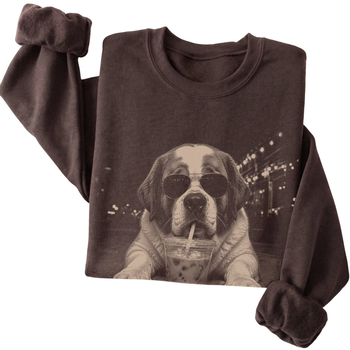 Saint Bernard wearing aviator sunglasses and drinking iced coffee on a Dark Chocolate Gildan Heavy Blend Crewneck Sweatshirt, folded view